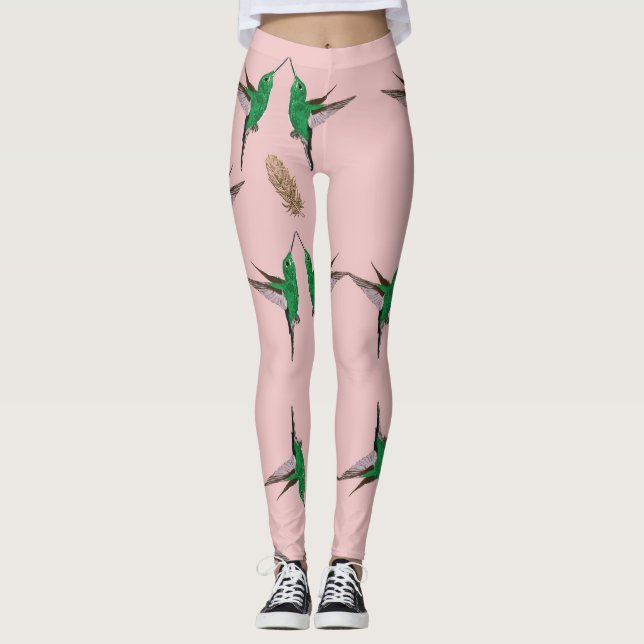 Green Hummingbird golden feather Leggings (Front)