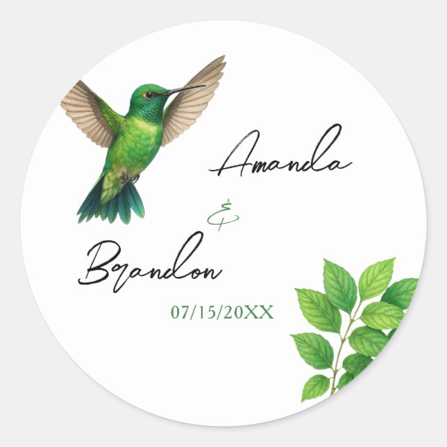 Green Hummingbird Leafy Botanical Border Wedding Classic Round Sticker (Front)