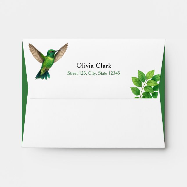 Green Hummingbird Leafy Botanical Border Wedding Envelope (Back (Top Flap))