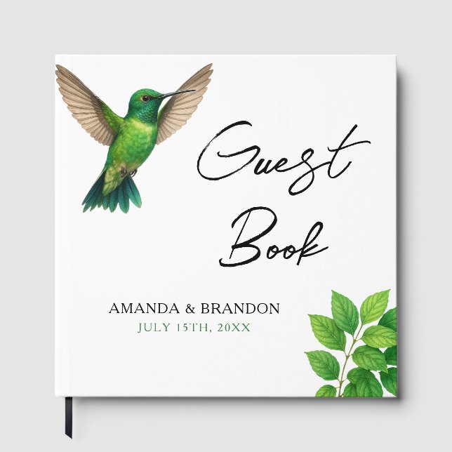 Green Hummingbird Leafy Botanical Border Wedding Guest Book (Front)