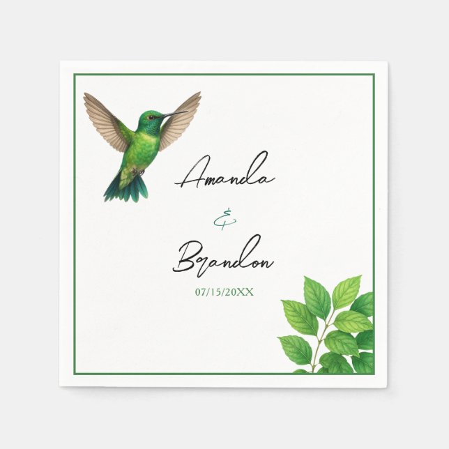 Green Hummingbird Leafy Botanical Border Wedding Napkin (Front)