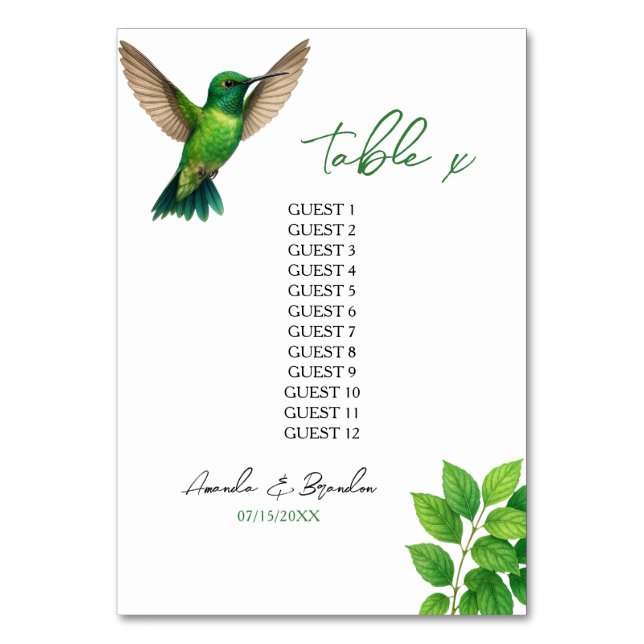 Green Hummingbird Leafy Botanical Border Wedding Table Number (Front)