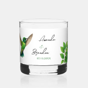 Green Hummingbird Leafy Botanical Border Wedding Whiskey Glass