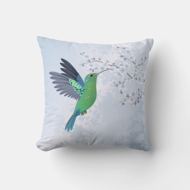 Green Hummingbird With Blue Cherry Blossom Cushion (Front)