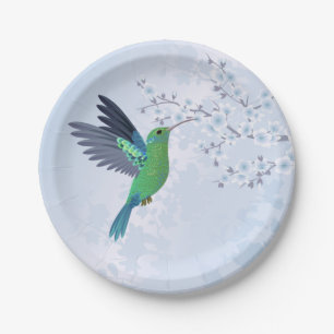 Green Hummingbird With Blue Cherry Blossom Paper Plate