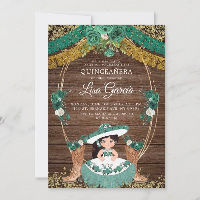Green Hunter Mexican Boot Charra Mis Quince Invitation (Front)
