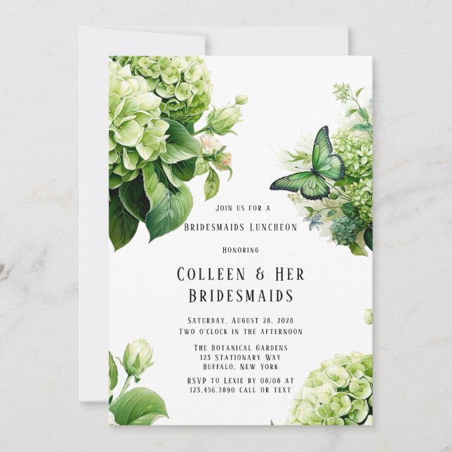 Green Hydrangea Butterfly Bridesmaids Luncheon Invitation (Front)