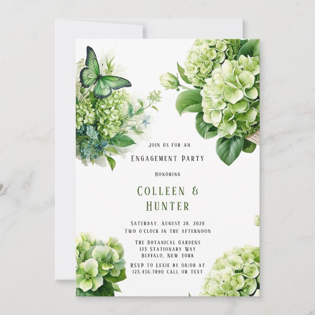 Green Hydrangea Butterfly Floral Engagement Party Invitation (Front)