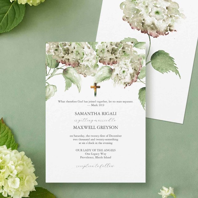 Green Hydrangea Catholic Wedding Invitations (Elegant Catholic wedding invitation with hand painted watercolor hydrangea flowers.)