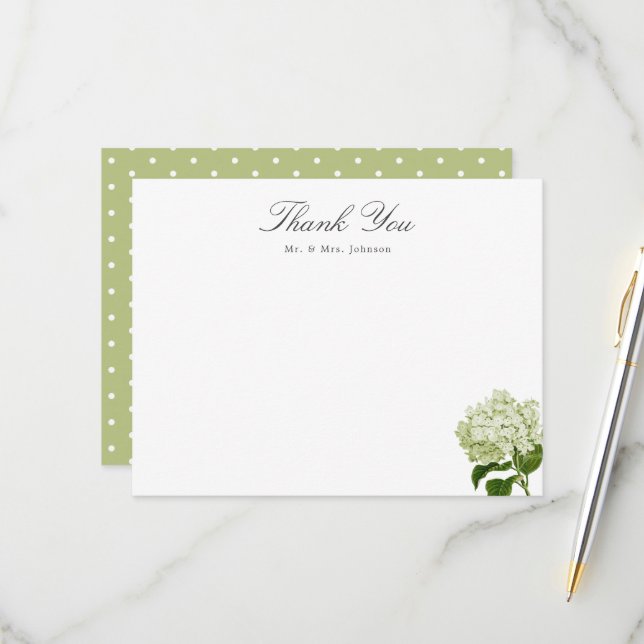 Green Hydrangea Custom Name Thank You Flat Card (Front/Back In Situ)