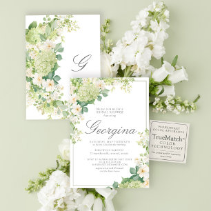 Green Hydrangea Floral Monogram Bridal Shower Invitation