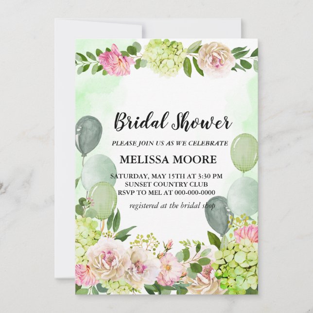 Green Hydrangea Pink Floral Balloons Bridal Shower Invitation (Front)
