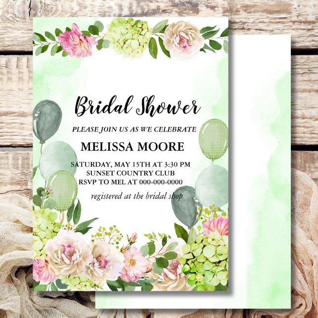 Green Hydrangea Pink Floral Balloons Bridal Shower Invitation (Creator Uploaded)