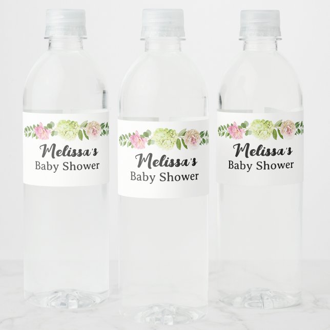 Green Hydrangea Pink Floral Balloons Water Bottle Label (Creator Uploaded)