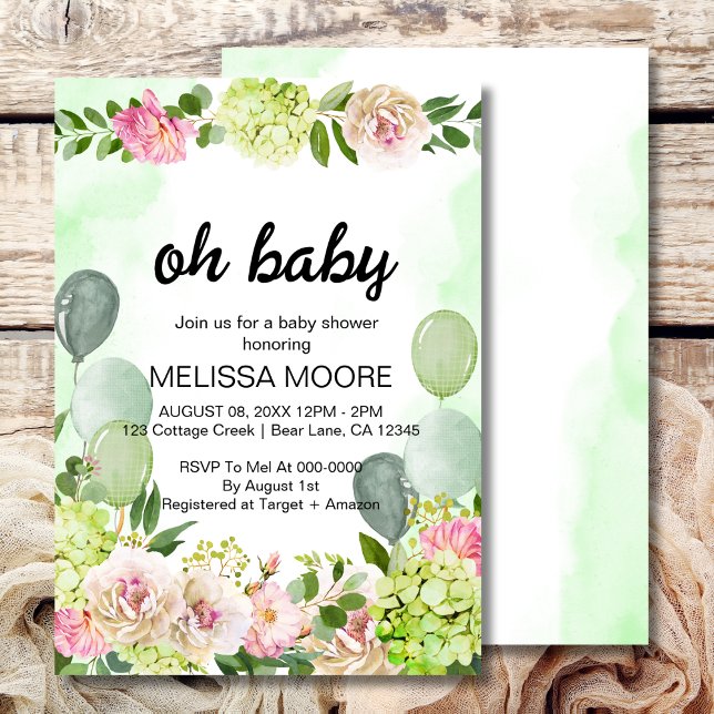 Green hydrangea pink floral sage balloon  invitation (Creator Uploaded)