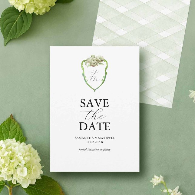 Green Hydrangea Wedding Monogram Save The Dates Date (Green and white wedding hydrangea Save The Dates by Victoria Grigaliunas Do Tell A Belle)