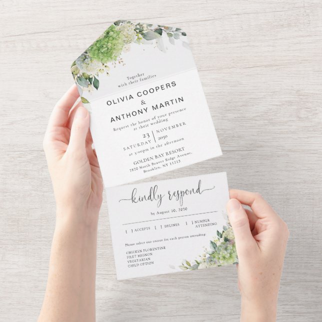Green Hydrangeas All in One Wedding Invite (Tearaway)