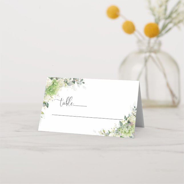 Green Hydrangeas Wedding Folded Place Card (Front)