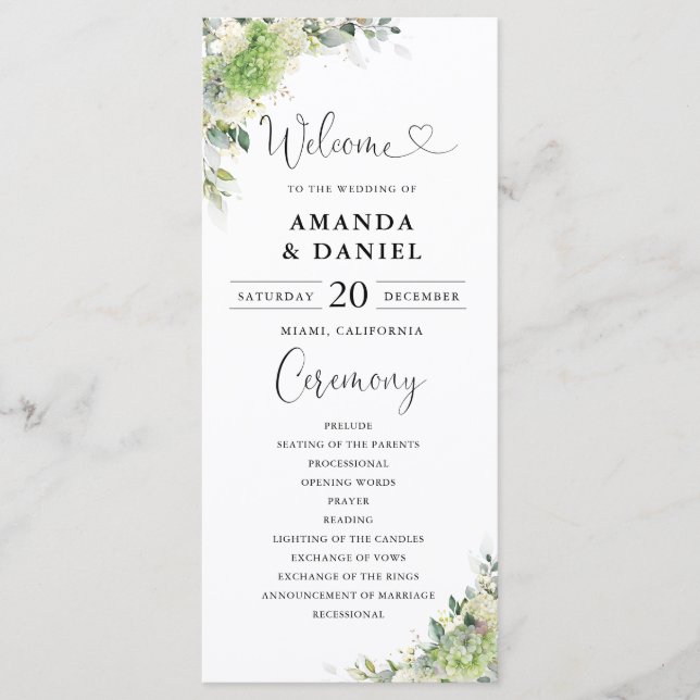 Green Hydrangeas Wedding Program Programme (Front)