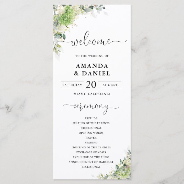 Green Hydrangeas Wedding Program Programme (Front)