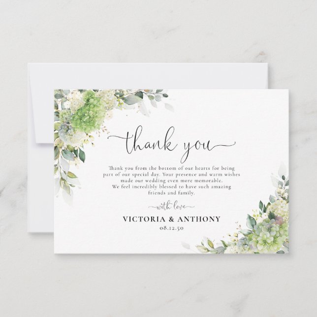 Green Hydrangeas Wedding Thank You Card (Front)