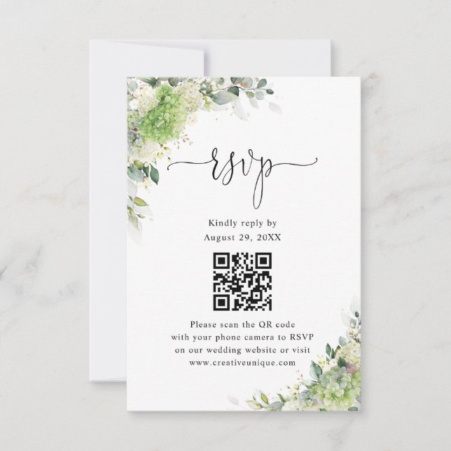 Green Hydrangeas Wedding Website QR Code RSVP  Card (Front)