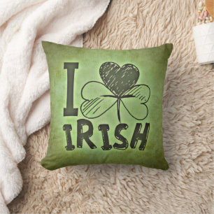 Green I Love Irish Shamrock Clover  Cushion