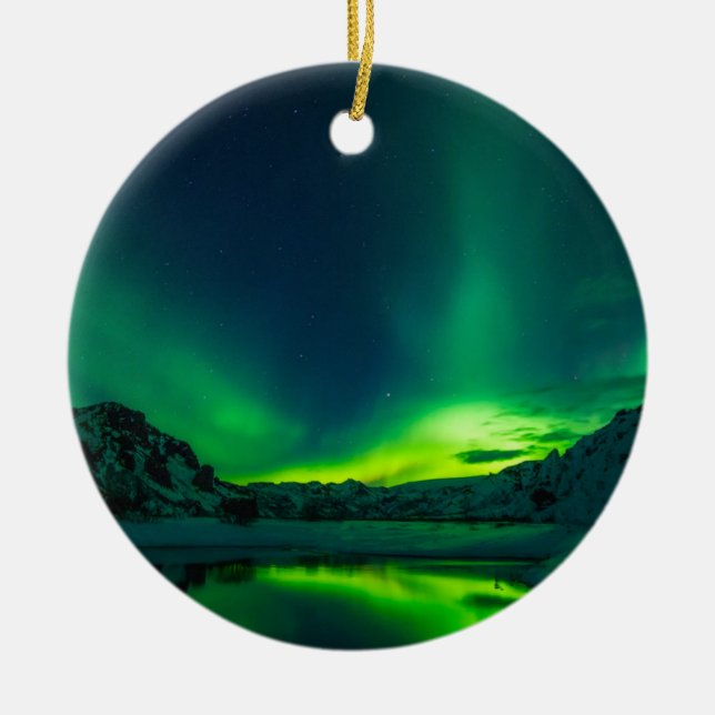 Green Iceland northern lights Ceramic Tree Decoration (Front)