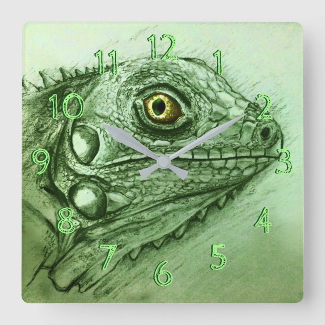 Green Iguana Square Clock, Realistic Drawing Wall Clock (Front)