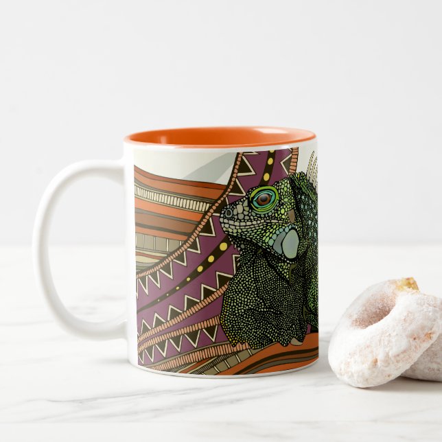 green iguana Two-Tone coffee mug (With Donut)