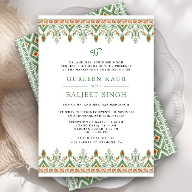 Green Ikat Anand Karaj Sikh Wedding Invitation (Creator Uploaded)