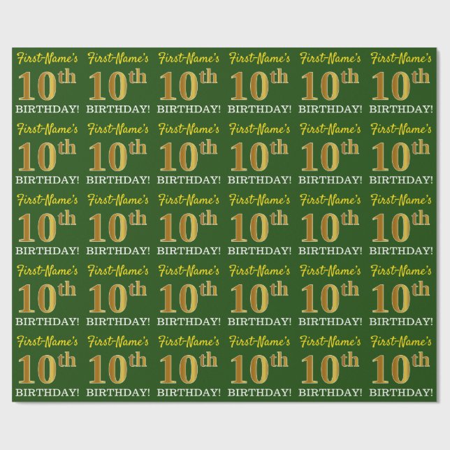 Green, Imitation Gold Look "10th BIRTHDAY" Wrapping Paper (Flat)