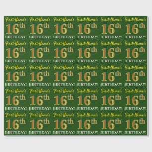 Green, Imitation Gold Look "16th BIRTHDAY" Wrapping Paper