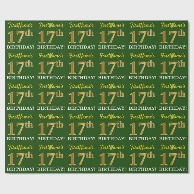 Green, Imitation Gold Look "17th BIRTHDAY" Wrapping Paper (Flat)