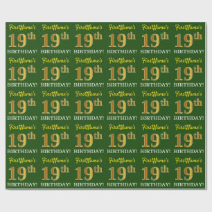 Green, Imitation Gold Look "19th BIRTHDAY" Wrapping Paper
