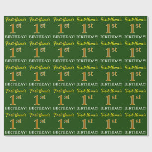 Green, Imitation Gold Look "1st BIRTHDAY" Wrapping Paper