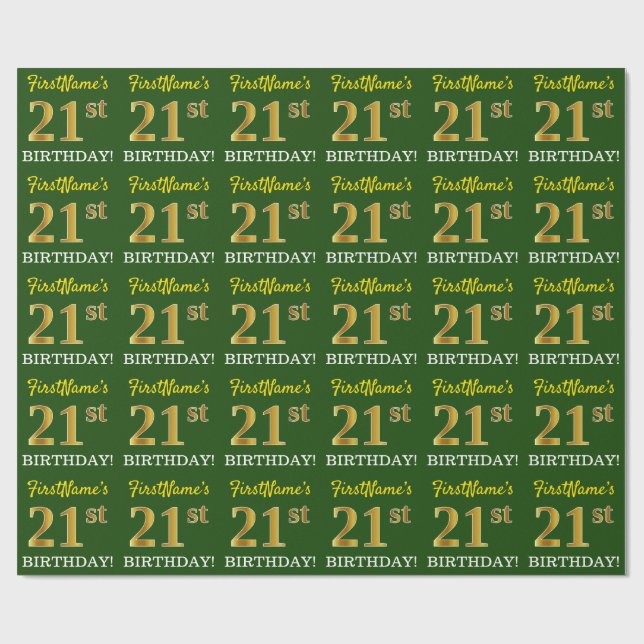 Green, Imitation Gold Look "21st BIRTHDAY" Wrapping Paper (Flat)