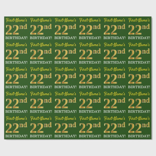 Green, Imitation Gold Look "22nd BIRTHDAY" Wrapping Paper (Flat)