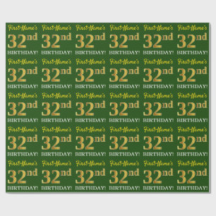 Green, Imitation Gold Look "32nd BIRTHDAY" Wrapping Paper