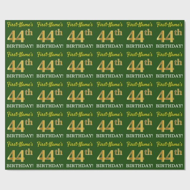 Green, Imitation Gold Look "44th BIRTHDAY" Wrapping Paper (Flat)
