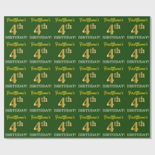 Green, Imitation Gold Look "4th BIRTHDAY" Wrapping Paper