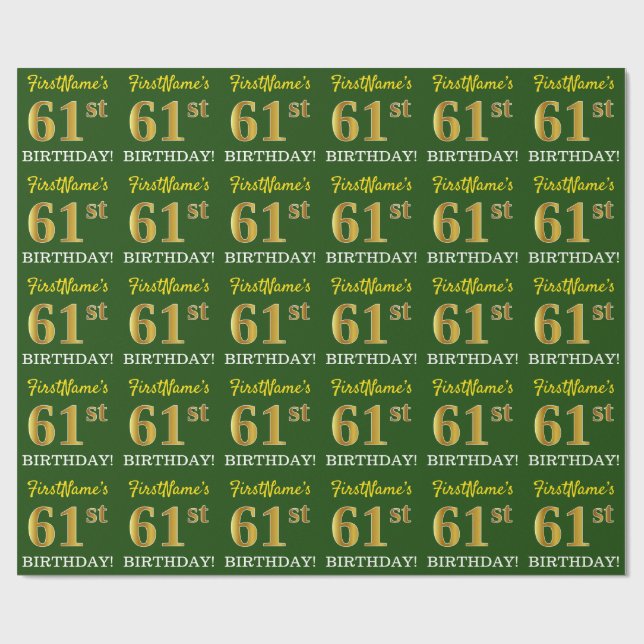 Green, Imitation Gold Look "61st BIRTHDAY" Wrapping Paper (Flat)