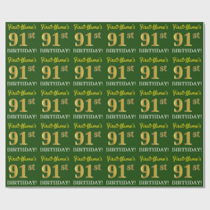Green, Imitation Gold Look "91st BIRTHDAY" Wrapping Paper