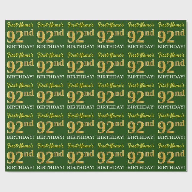 Green, Imitation Gold Look "92nd BIRTHDAY" Wrapping Paper (Flat)