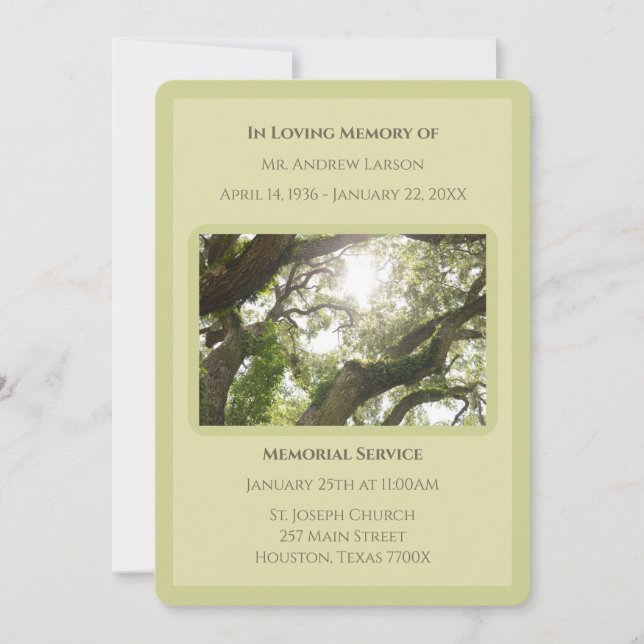 Green In Loving Memory Trees  Memorial Funeral   Invitation (Front)