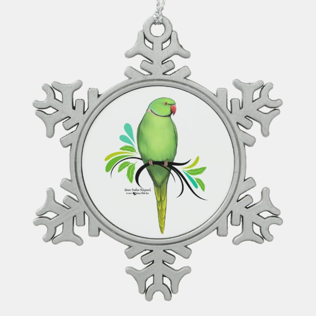 Green Indian Ringneck Parrot Snowflake Pewter Christmas Ornament (Front)