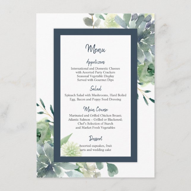 Green & Indigo Blue Succulents White Flowers Menu (Front)