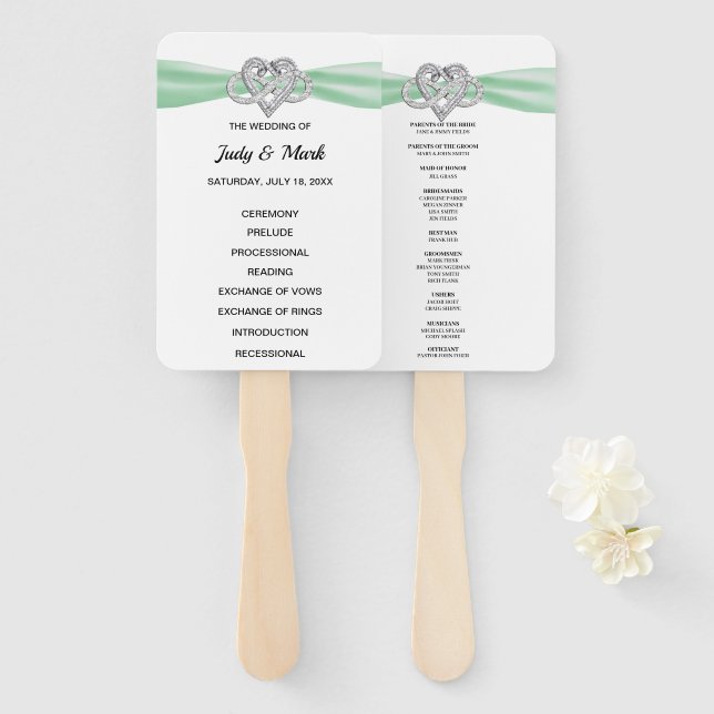 Green Infinity Heart Wedding Program Fans (Front and Back)