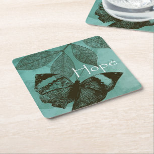 Green Inspirational Hope Butterfly Square Paper Coaster