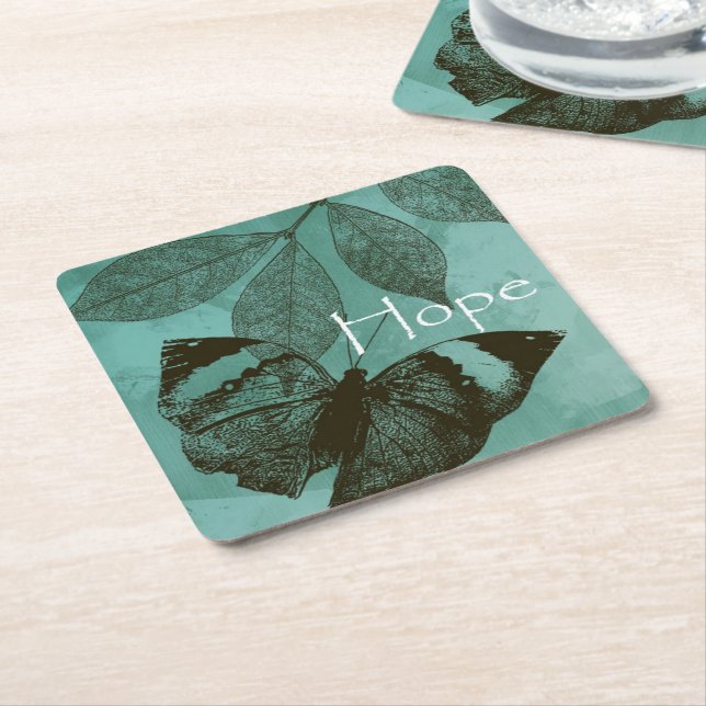 Green Inspirational Hope Butterfly Square Paper Coaster (Angled)